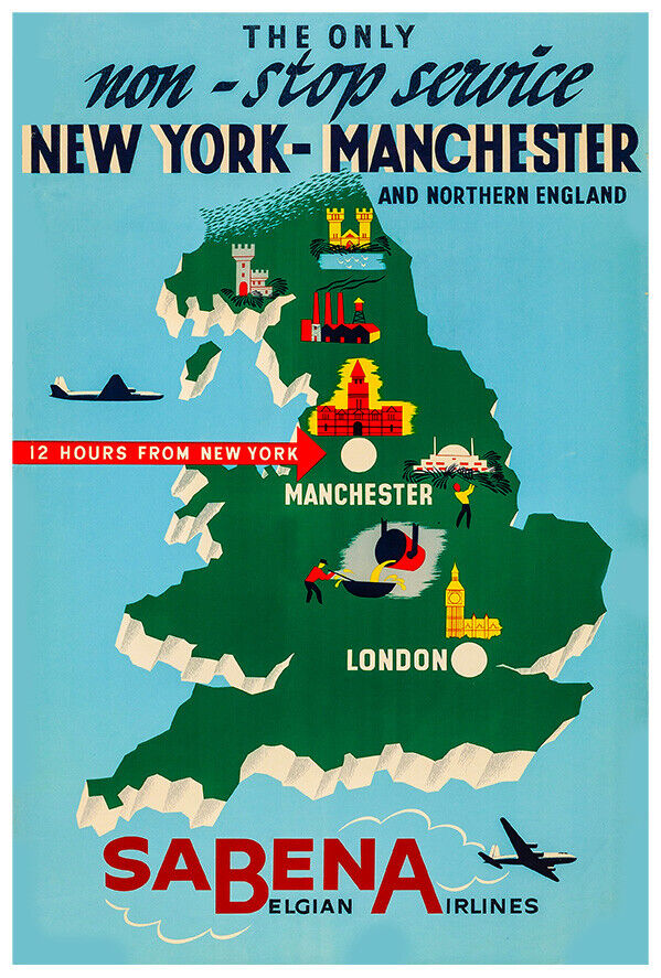 Sabena - New York to Manchester - 1960s - Vintage Airline Travel Poster