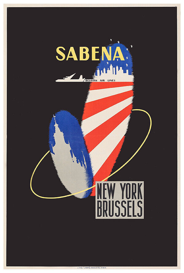 Sabena - New York to Brussels - 1960s - Vintage Airline Travel Poster