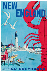 New England - Greyhound Bus Line - 1960s Vintage US Travel Poster